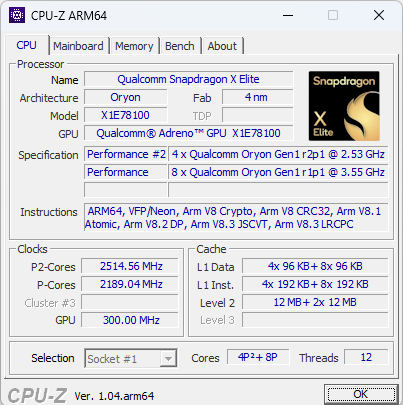 CPU-Z running on a Windows on ARM64 device